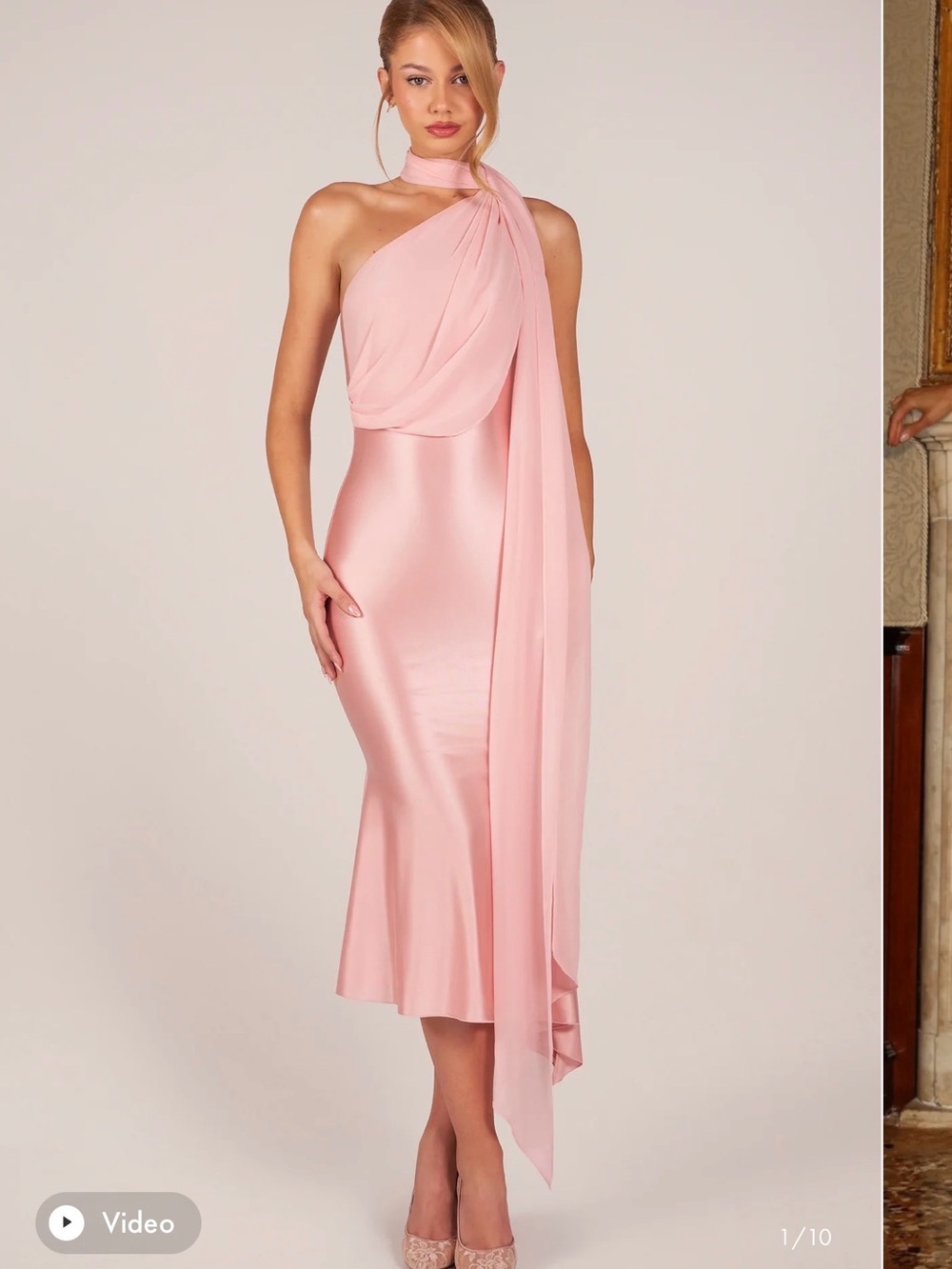 Oh Polly Midaxi One-Shoulder Pink Satin Dress with Draped Scarf Neck